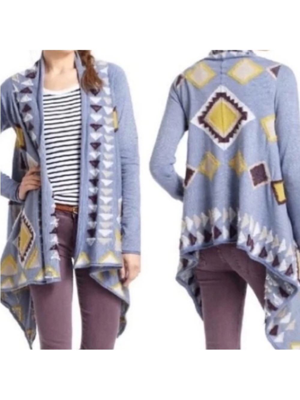 Anthropologie Wool Long Cardigan Size Large Geometric Boho Print Blue Side